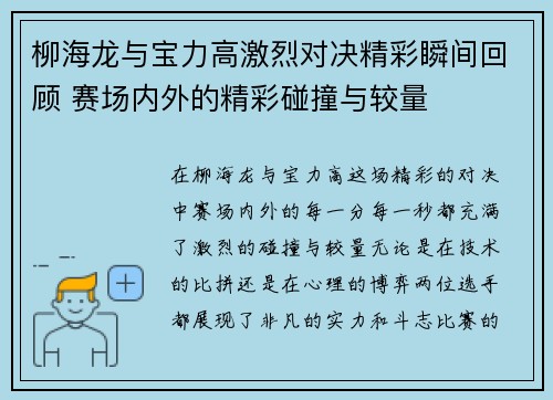 柳海龙与宝力高激烈对决精彩瞬间回顾 赛场内外的精彩碰撞与较量